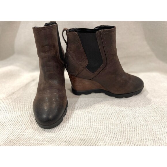 Sorel Joan Uptown Wedge Boots Women's 8 Brown Leather Lug Chelsea Ankle Booties - Picture 2 of 6